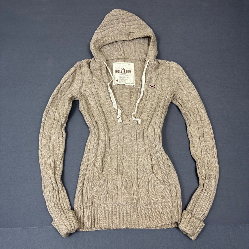 Vintage Y2K Hollister Beige V-Neck Cable Knit Sweater Women's Size Small